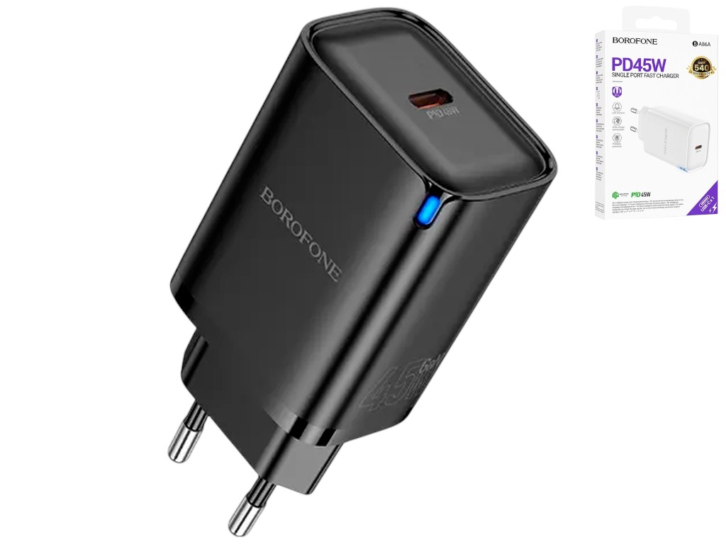 Сетевое зарядное устройство Borofone BA86A, 1USB-C, PD/QC 45W, 91,8×42,3×30мм, цвет черный