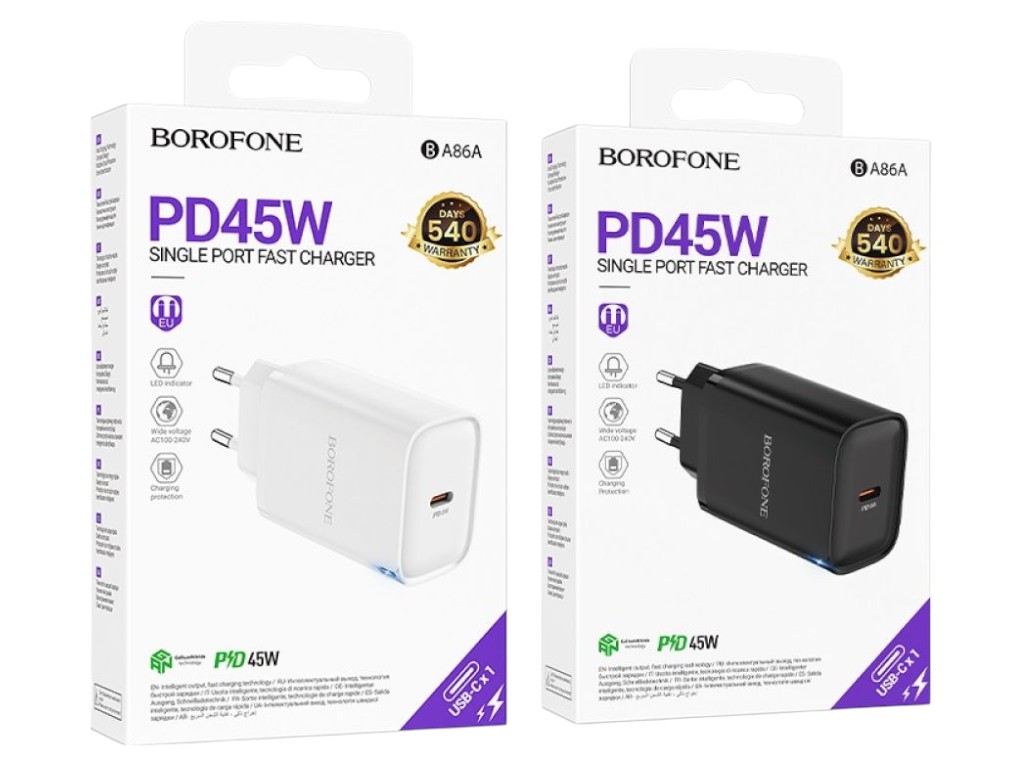 Зарядний пристрій Borofone BA86A 1USB-C PD/QC 45W, колір Білий
