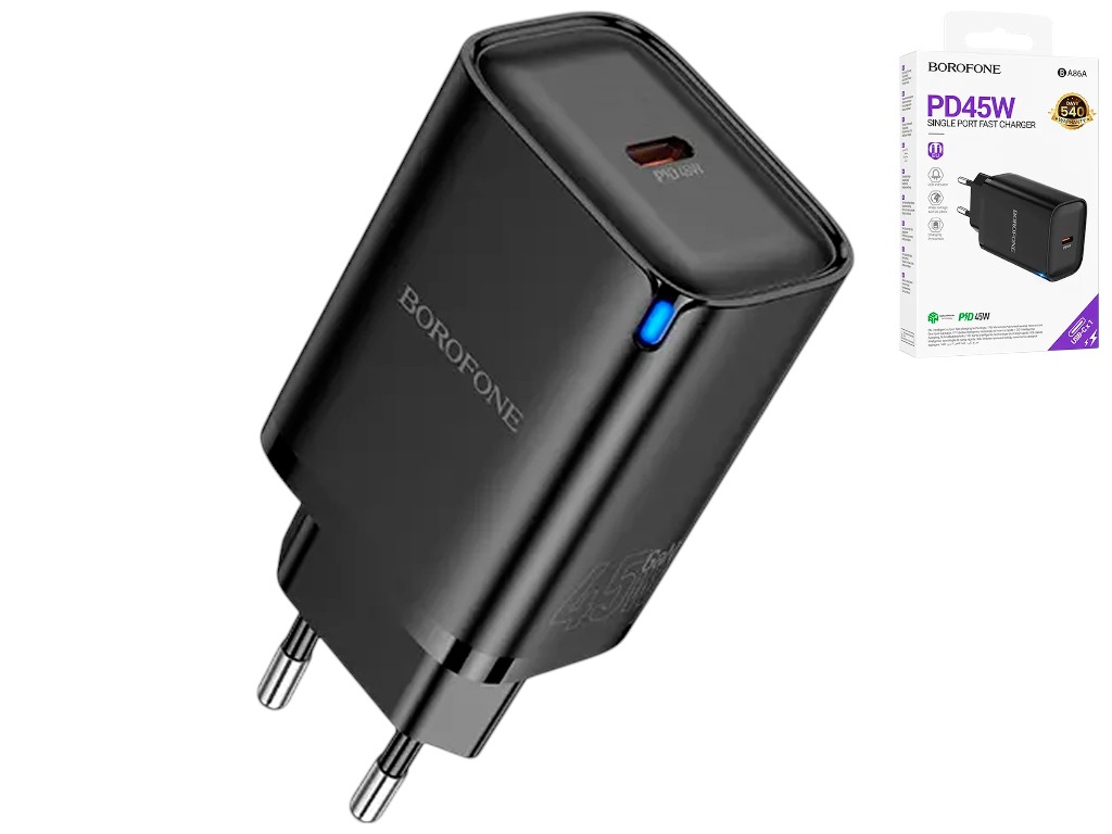 Сетевое зарядное устройство Borofone BA86A, 1USB-C, PD/QC 45W + Type-C to Type-C, черный