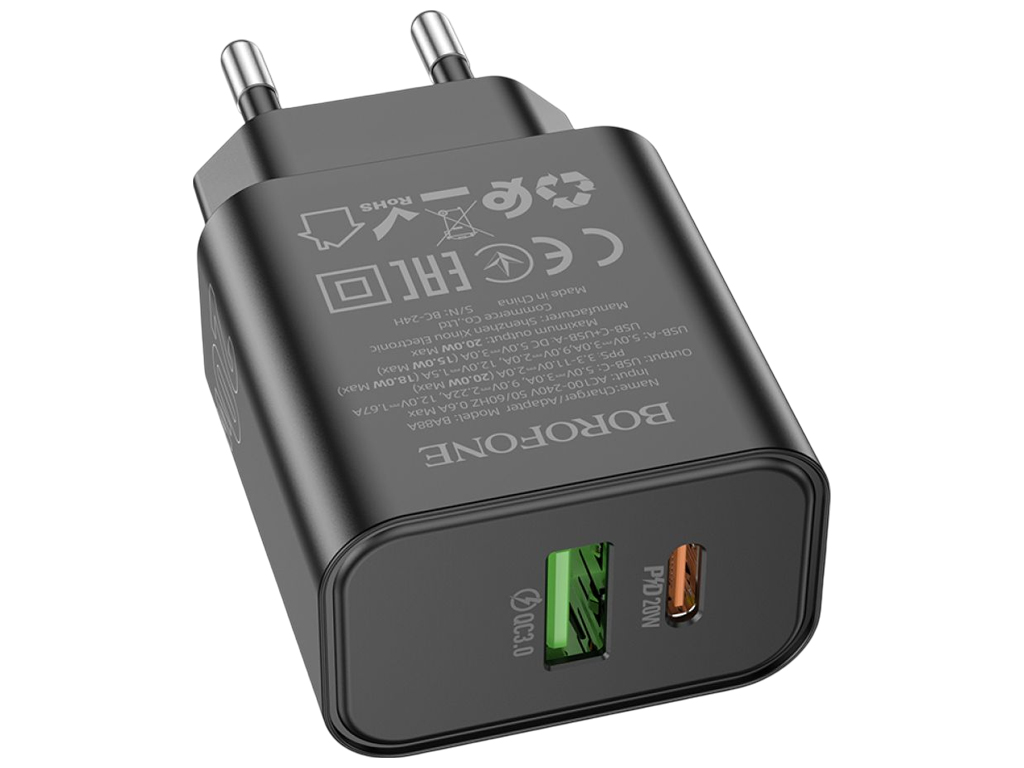 Зарядний пристрій Borofone BA88A, 1USB-C+1USB, PD/QC 3.0, 20Вт, колір чорний