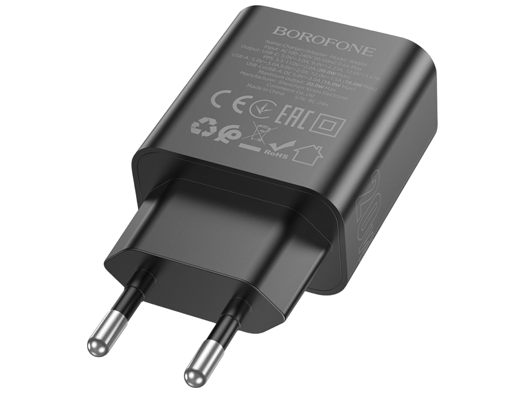 Зарядний пристрій Borofone BA88A, 1USB-C+1USB, PD/QC 3.0, 20Вт, колір чорний