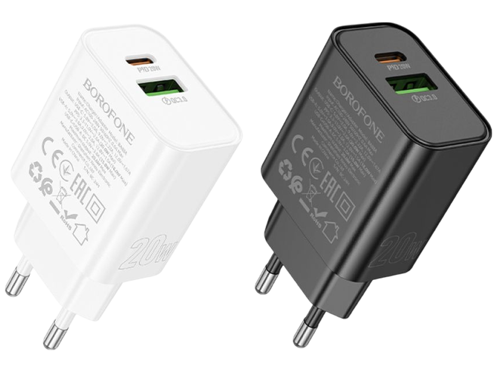 Зарядний пристрій Borofone BA88A, 1USB-C/1USB, PD/QC 3.0, 20W, ABS пластик, колір білий