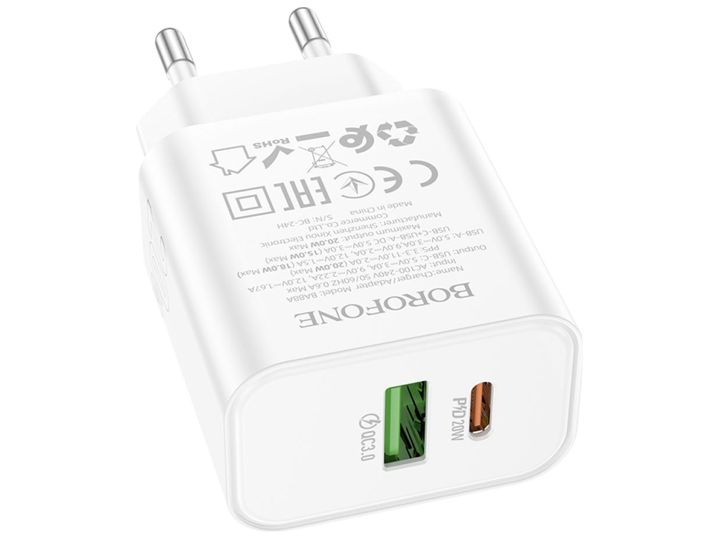 Зарядний пристрій Borofone BA88A, 1USB-C/1USB, PD/QC 3.0, 20W, ABS пластик, колір білий