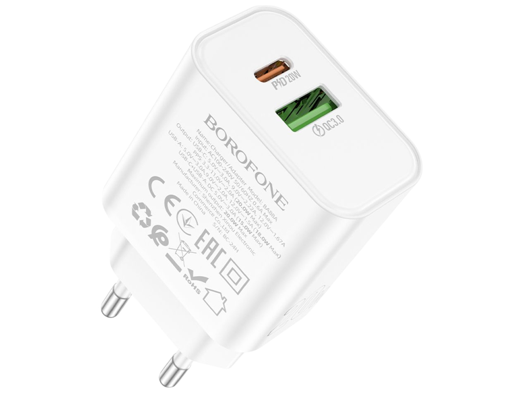 Зарядний пристрій Borofone BA88A, 1USB-C/1USB, PD/QC 3.0, 20W, ABS пластик, колір білий