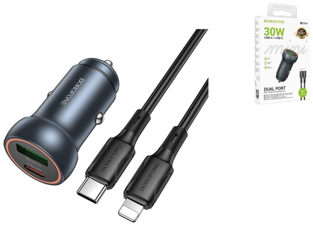 Автомобільний Зарядний Пристрій Borofone BZ32A 1USB/1USB-C QC/PD30W+Type-C to Lightning Колір Сiрий