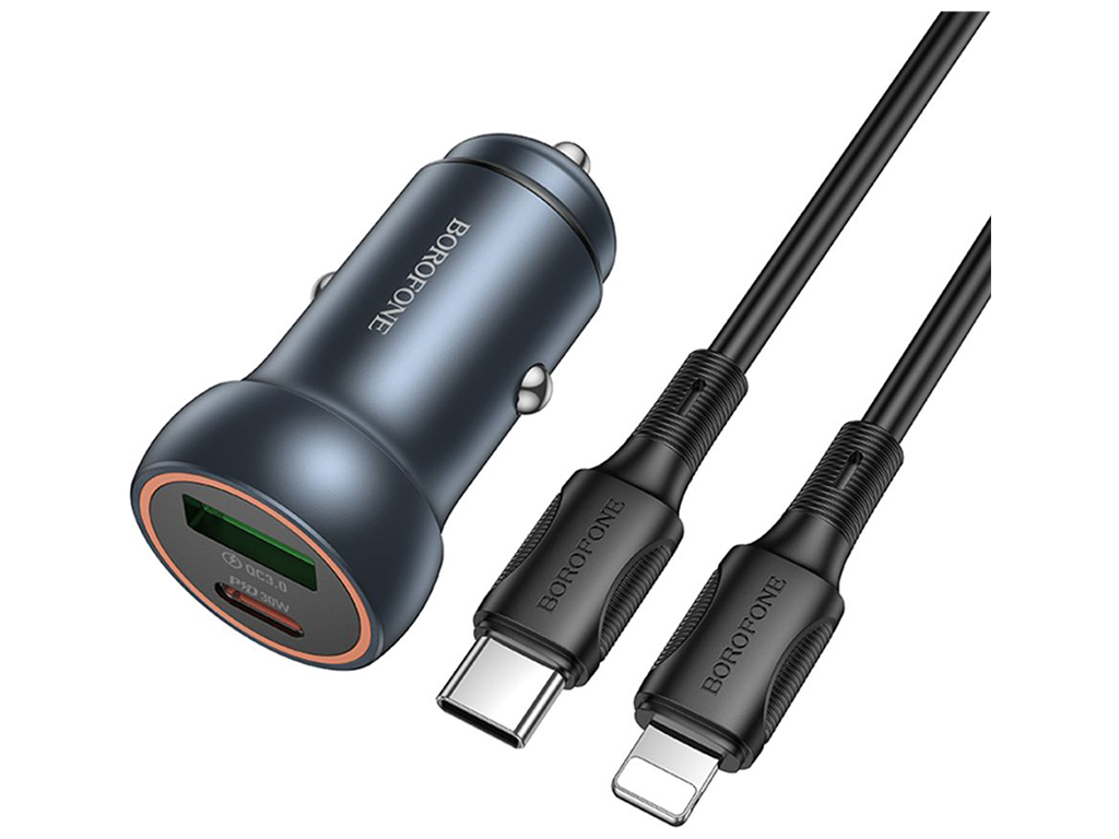 Автомобільний Зарядний Пристрій Borofone BZ32A 1USB/1USB-C QC/PD30W+Type-C to Lightning Колір Сiрий
