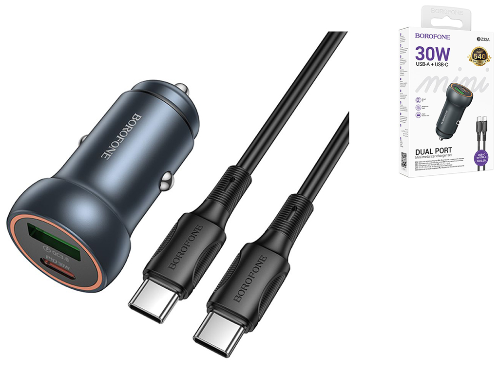 Автомобільний Зарядний Пристрій Borofone BZ32A 1USB/1USB-C QC/PD30W+Type-C to Type-C Колір Сiрий