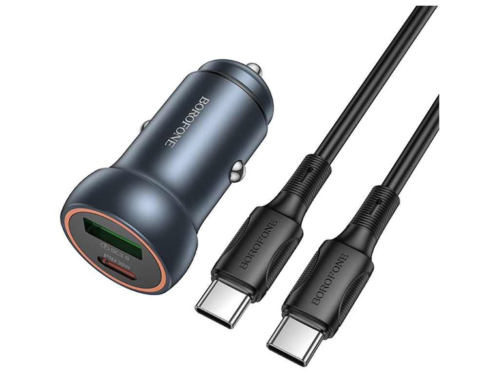 Автомобільний Зарядний Пристрій Borofone BZ32A 1USB/1USB-C QC/PD30W+Type-C to Type-C Колір Сiрий