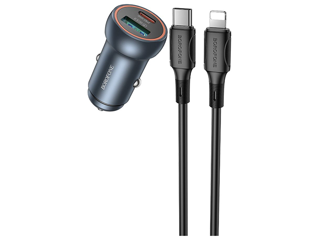 Автомобільний Зарядний Пристрій Borofone BZ32B 1USB/1USB-C QC/PD48W+Type-C to Lightning Колір Сiрий