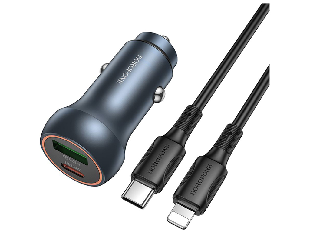 Автомобільний Зарядний Пристрій Borofone BZ32B 1USB/1USB-C QC/PD48W+Type-C to Lightning Колір Сiрий