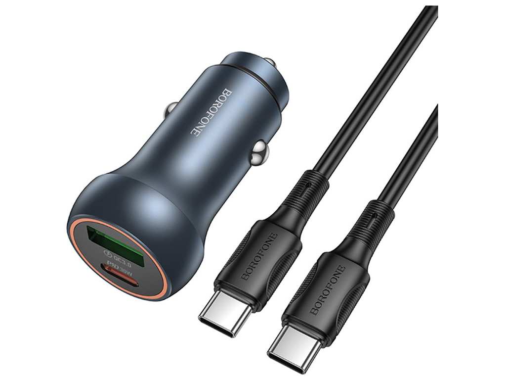 Автомобільний Зарядний Пристрій Borofone BZ32B 1USB/1USB-C QC/PD48W+Type-C to Type-C Колір Сiрий
