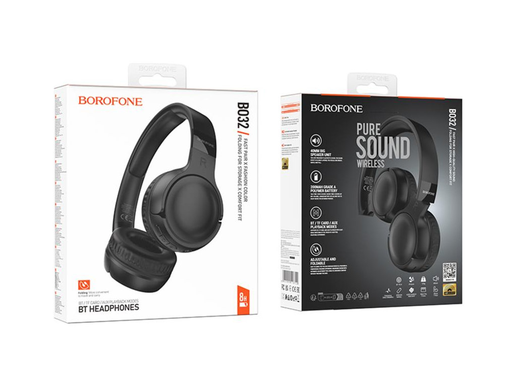 Bluetooth стерео гарнітура Borofone BO32, складні, bluetooth 5.4, type-c/aux, 200mAh, колір чорний