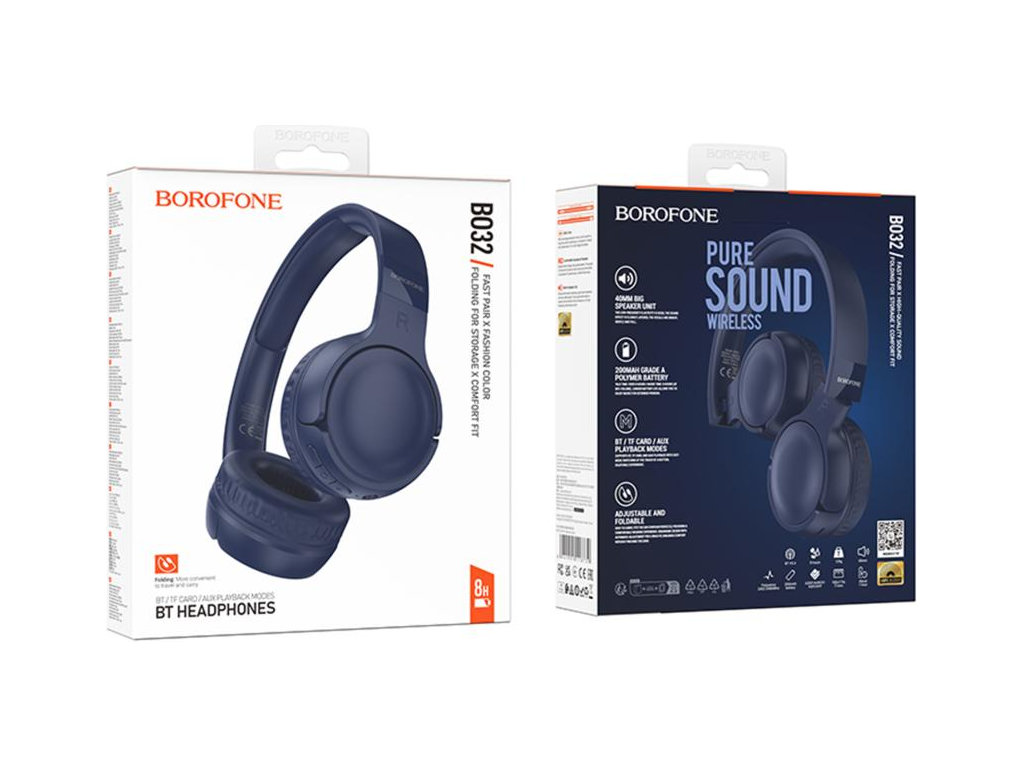 Bluetooth стерео гарнітура Borofone BO32, складні, bluetooth 5.4, type-c/aux, 200mAh, колір синій