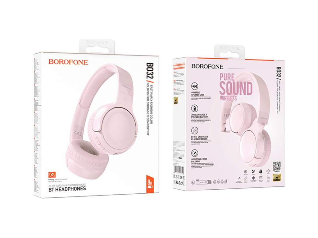 Bluetooth стерео гарнітура Borofone BO32, складні, bluetooth 5.4, type-c/aux, 200mAh, колір рожевий