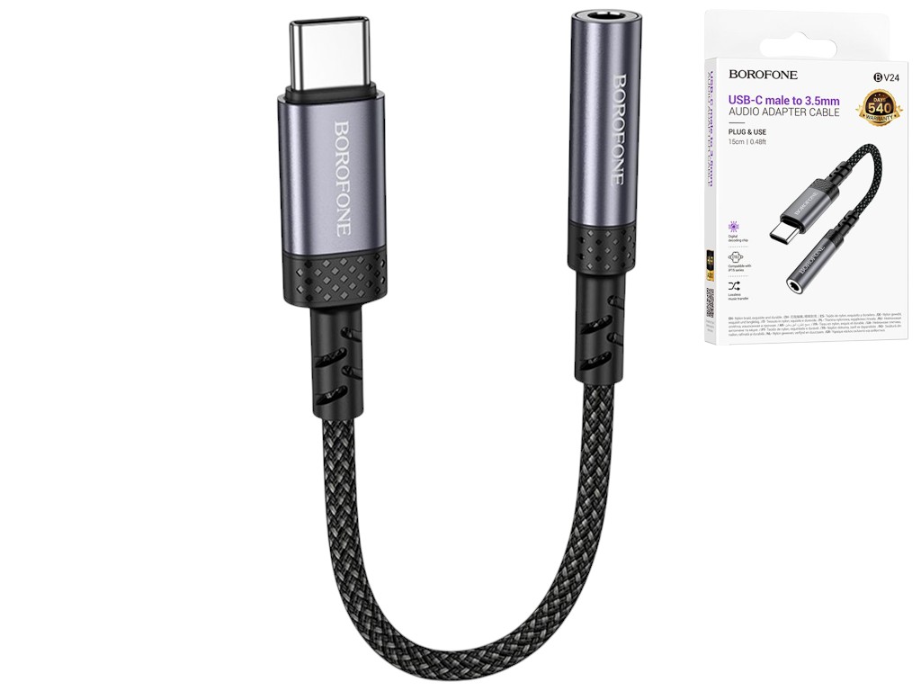 Перехідник Borofone BV24, Type-C to AUX 3,5мм, 15см, алюмінієвий корпус, 143×90×23мм, колір сірий