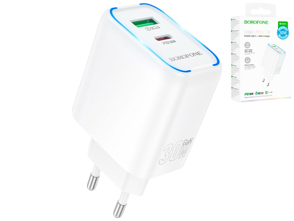 Зарядний пристрій Borofone BA89A, 1USB-C/1USB, PD/QC 30W, 85×125×40мм, колір білий