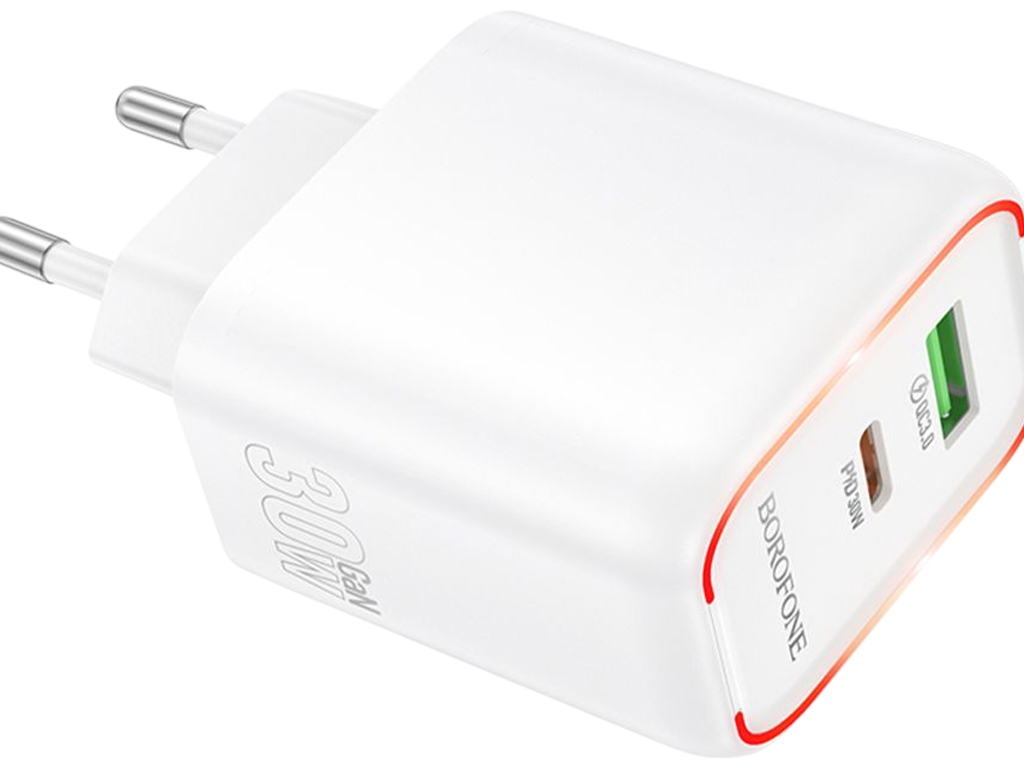Зарядний пристрій Borofone BA89A, 1USB-C/1USB, PD/QC 30W, 85×125×40мм, колір білий