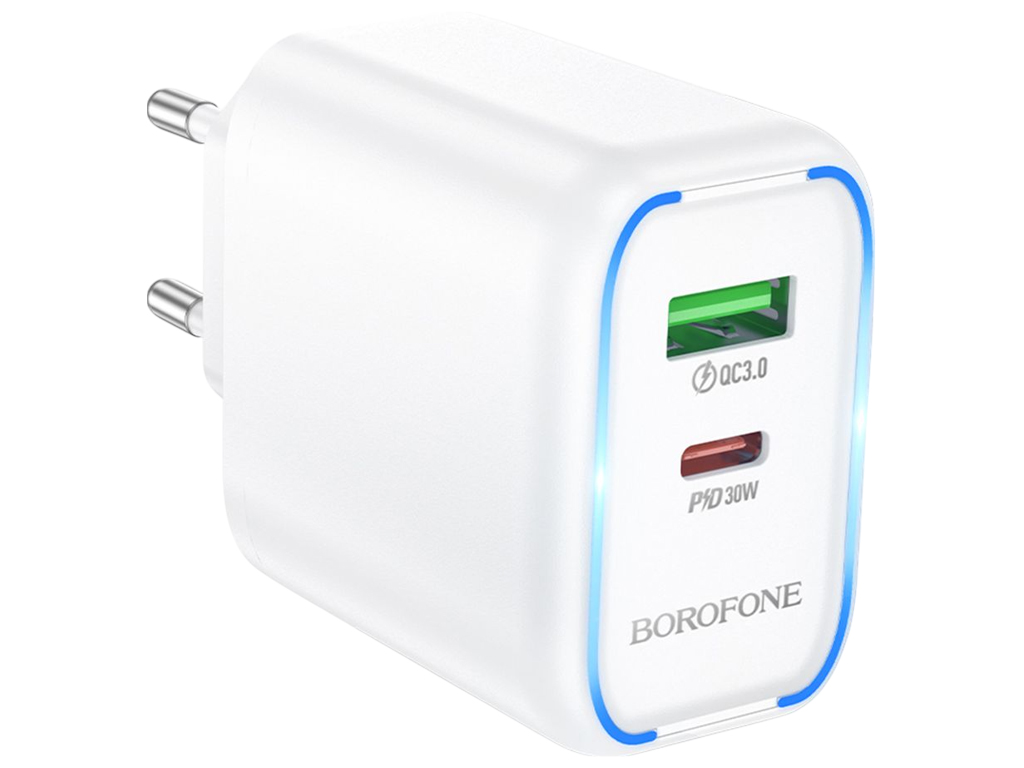 Зарядний пристрій Borofone BA89A, 1USB-C/1USB, PD/QC 30W, 85×125×40мм, колір білий