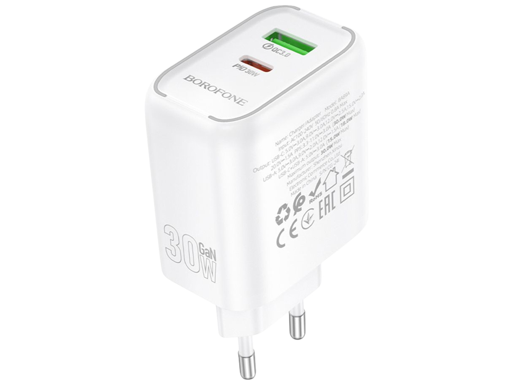 Зарядний пристрій Borofone BA89A, 1USB-C/1USB, PD/QC 30W, 85×125×40мм, колір білий