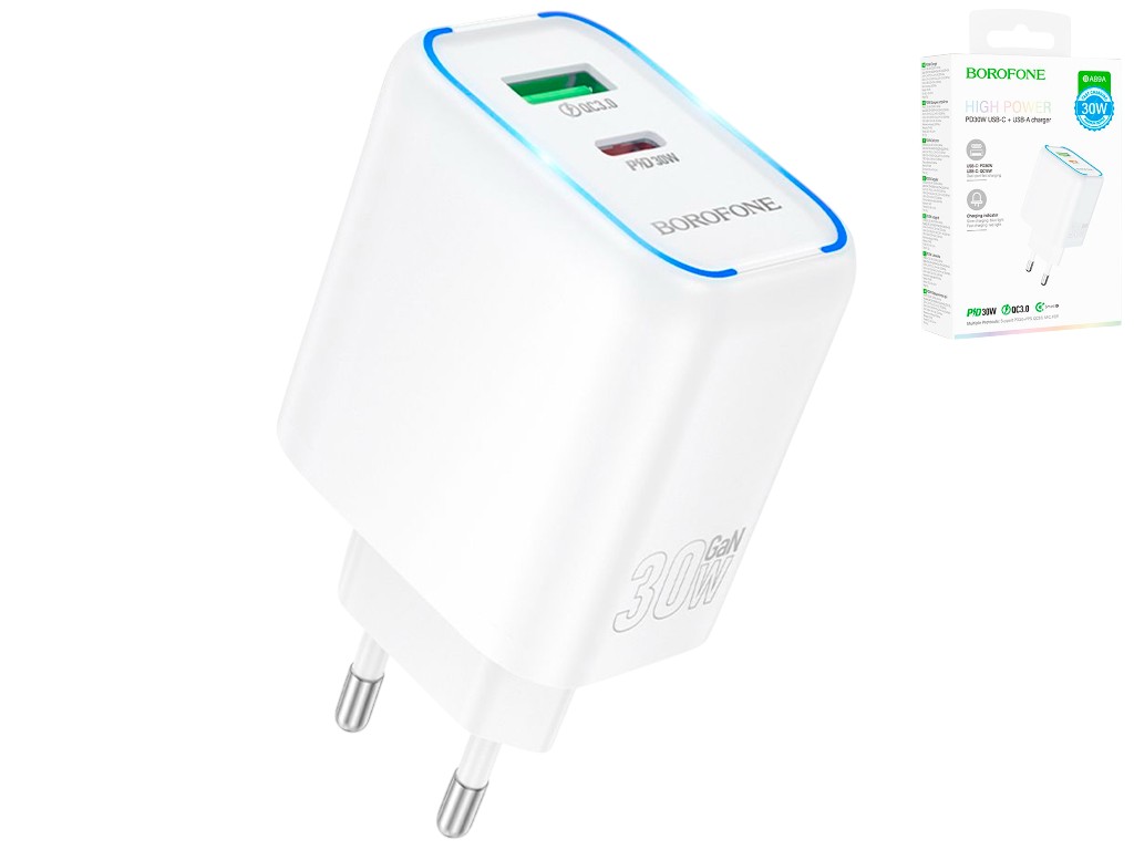 Зарядний пристрій Borofone BA89A, 1USB-C/1USB, 30Вт, PD/QC 3.0, Type-C to Lightning, білий