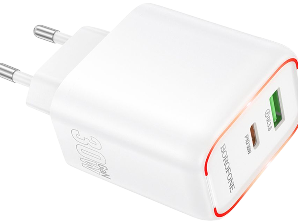 Зарядний пристрій Borofone BA89A, 1USB-C/1USB, 30Вт, PD/QC 3.0, Type-C to Lightning, білий
