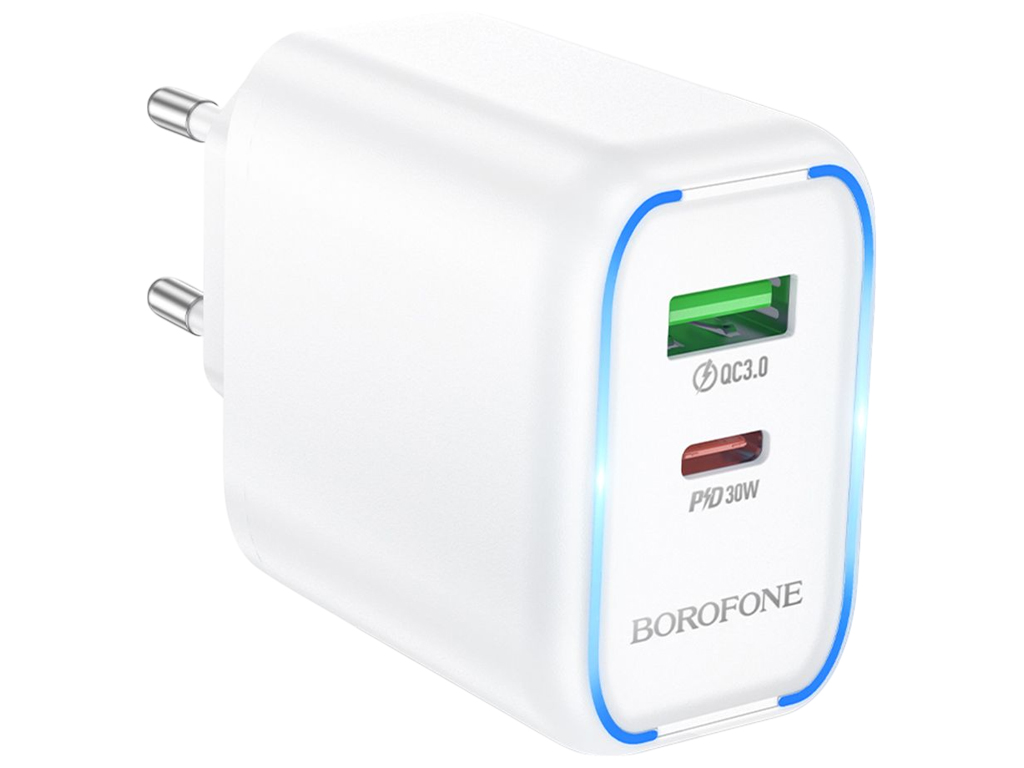 Зарядний пристрій Borofone BA89A, 1USB-C/1USB, 30Вт, PD/QC 3.0, Type-C to Lightning, білий