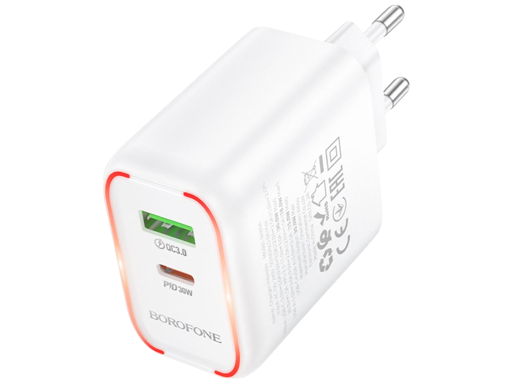 Зарядний пристрій Borofone BA89A, 1USB-C/1USB, 30Вт, PD/QC 3.0, Type-C to Lightning, білий