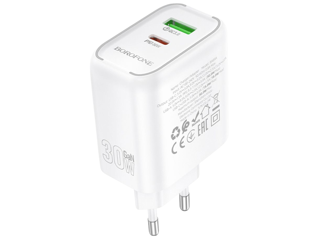 Зарядний пристрій Borofone BA89A, 1USB-C/1USB, 30Вт, PD/QC 3.0, Type-C to Lightning, білий