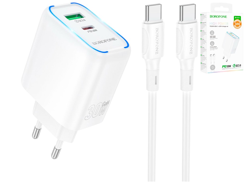 Зарядний пристрій Borofone BA89A, 1USB-C, 1USB, PD/QC 30Вт, кабель Type-C, колір білий