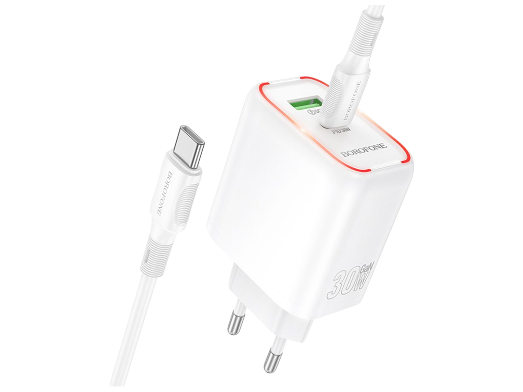 Зарядний пристрій Borofone BA89A, 1USB-C, 1USB, PD/QC 30Вт, кабель Type-C, колір білий