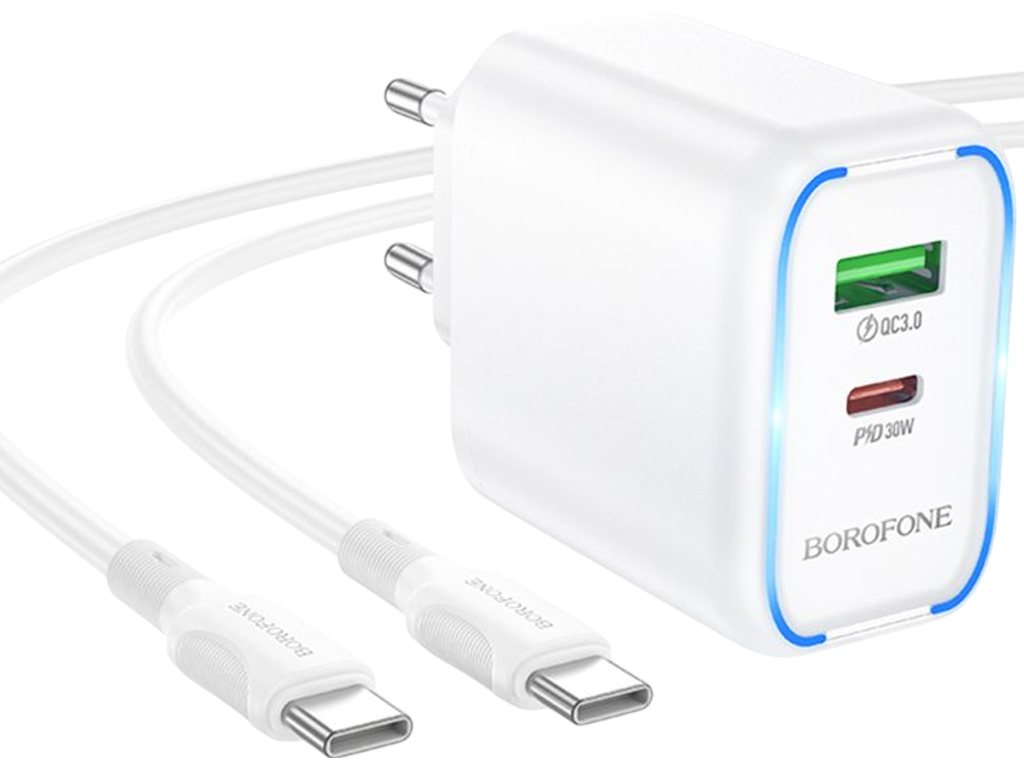 Зарядний пристрій Borofone BA89A, 1USB-C, 1USB, PD/QC 30Вт, кабель Type-C, колір білий