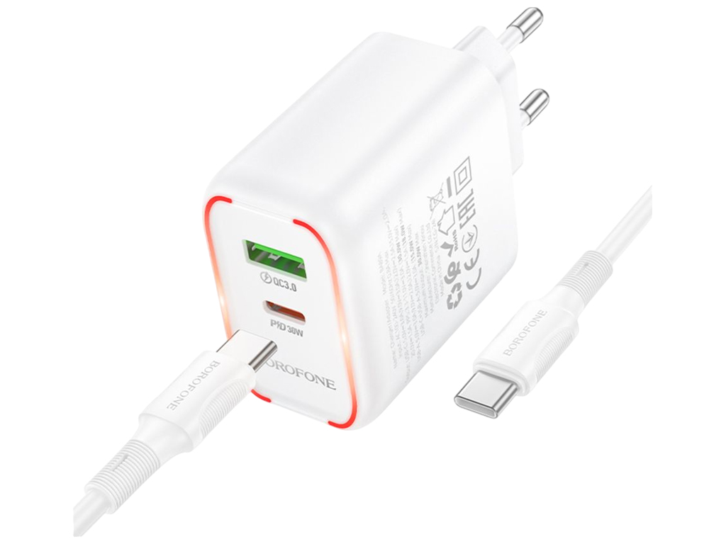 Зарядний пристрій Borofone BA89A, 1USB-C, 1USB, PD/QC 30Вт, кабель Type-C, колір білий