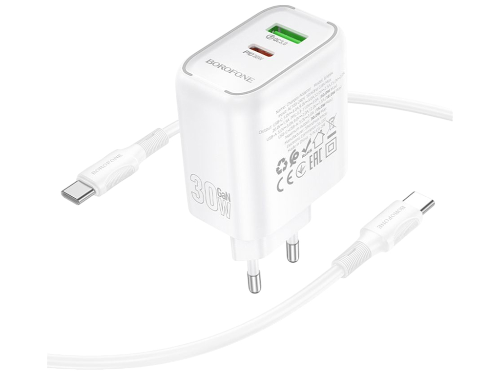 Зарядний пристрій Borofone BA89A, 1USB-C, 1USB, PD/QC 30Вт, кабель Type-C, колір білий