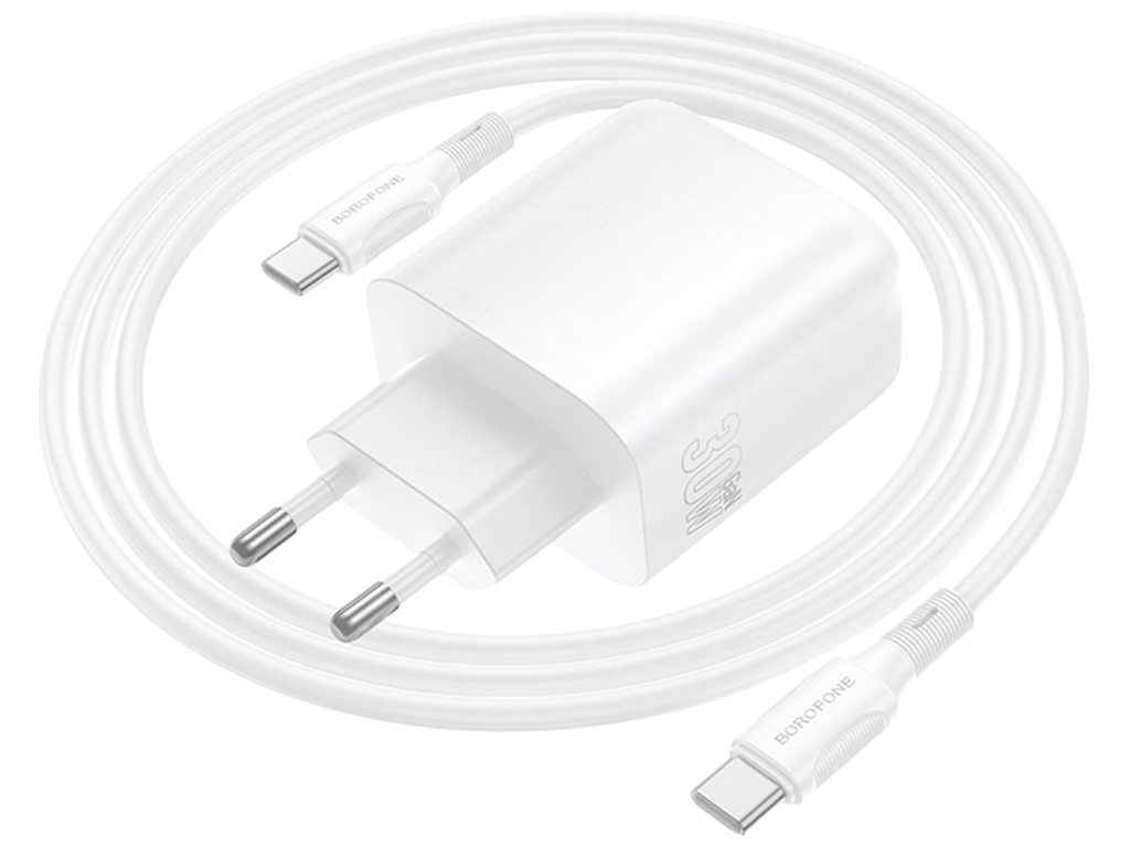 Зарядний пристрій Borofone BA89A, 1USB-C, 1USB, PD/QC 30Вт, кабель Type-C, колір білий
