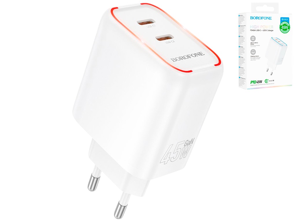Сетевое зарядное устройство Borofone BA90A, 2×USB-C, 45Вт, PD/QC, 85×49×31мм, цвет белый