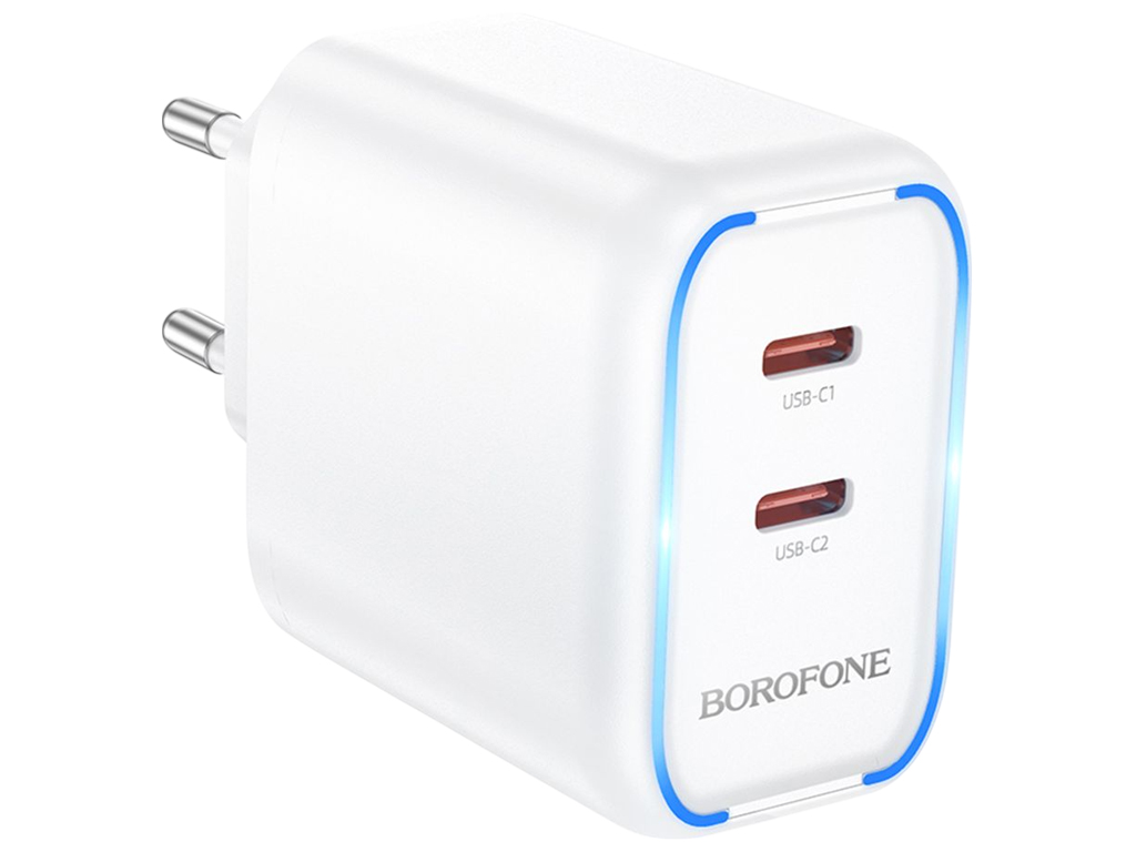 Сетевое зарядное устройство Borofone BA90A, 2×USB-C, 45Вт, PD/QC, 85×49×31мм, цвет белый