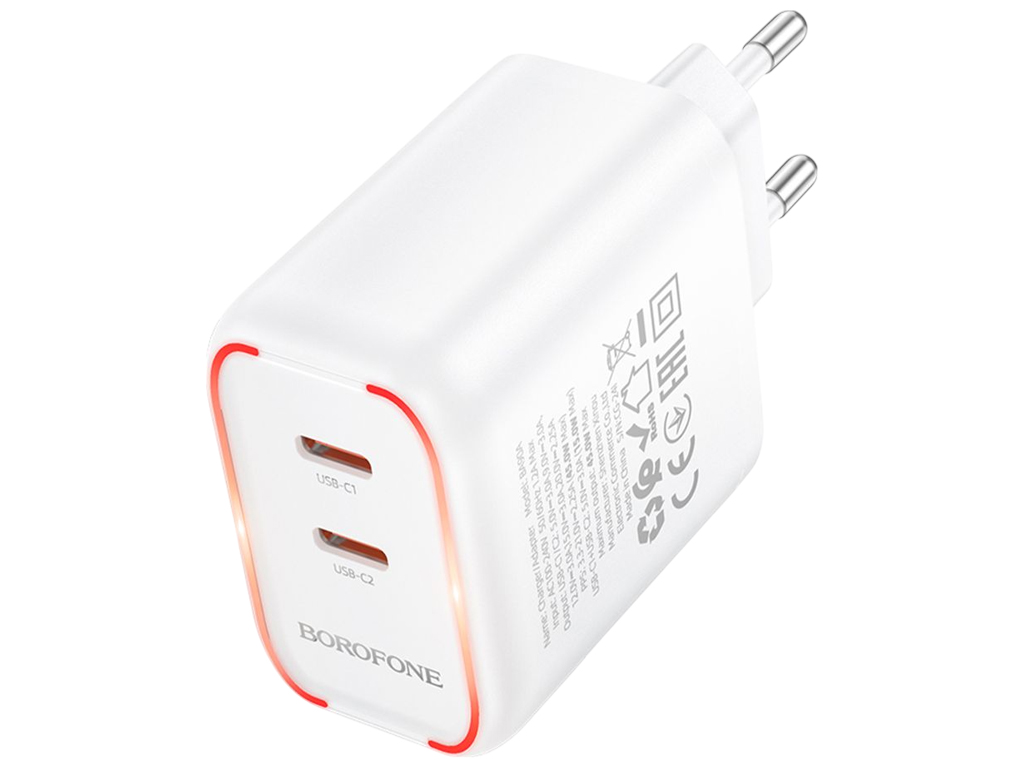 Сетевое зарядное устройство Borofone BA90A, 2×USB-C, 45Вт, PD/QC, 85×49×31мм, цвет белый