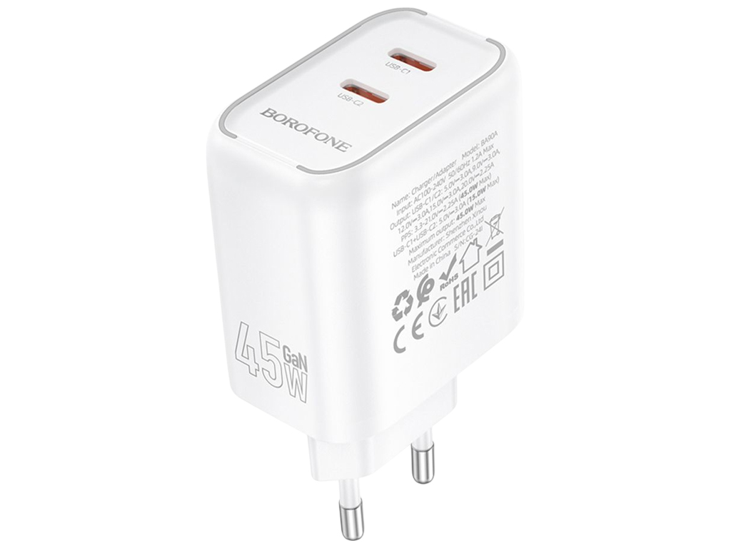 Сетевое зарядное устройство Borofone BA90A, 2×USB-C, 45Вт, PD/QC, 85×49×31мм, цвет белый