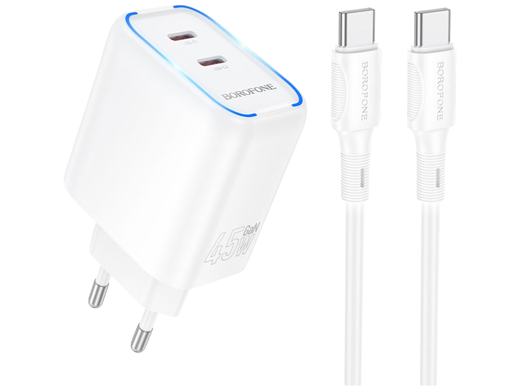 Зарядний пристрій Borofone BA90A 2USB-C PD/QC 45W + Type-C to Type-C, колір білий