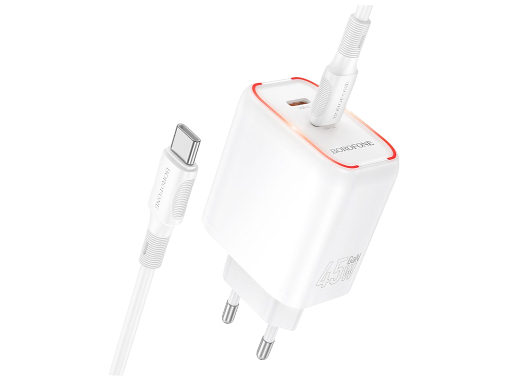 Зарядний пристрій Borofone BA90A 2USB-C PD/QC 45W + Type-C to Type-C, колір білий