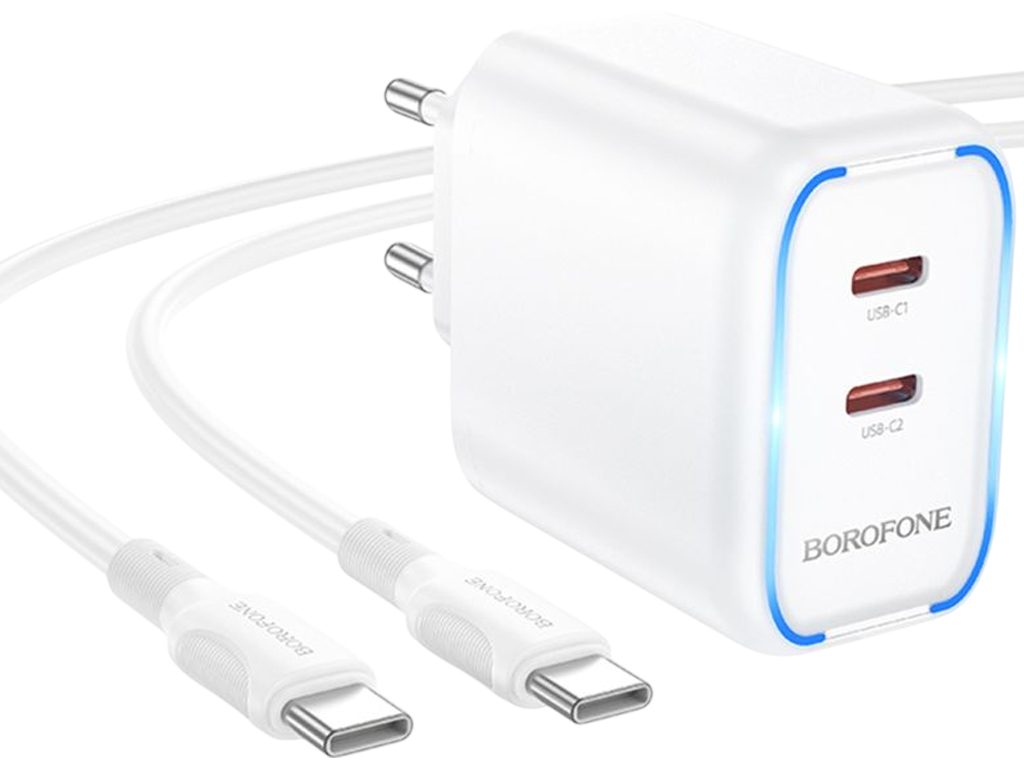 Зарядний пристрій Borofone BA90A 2USB-C PD/QC 45W + Type-C to Type-C, колір білий