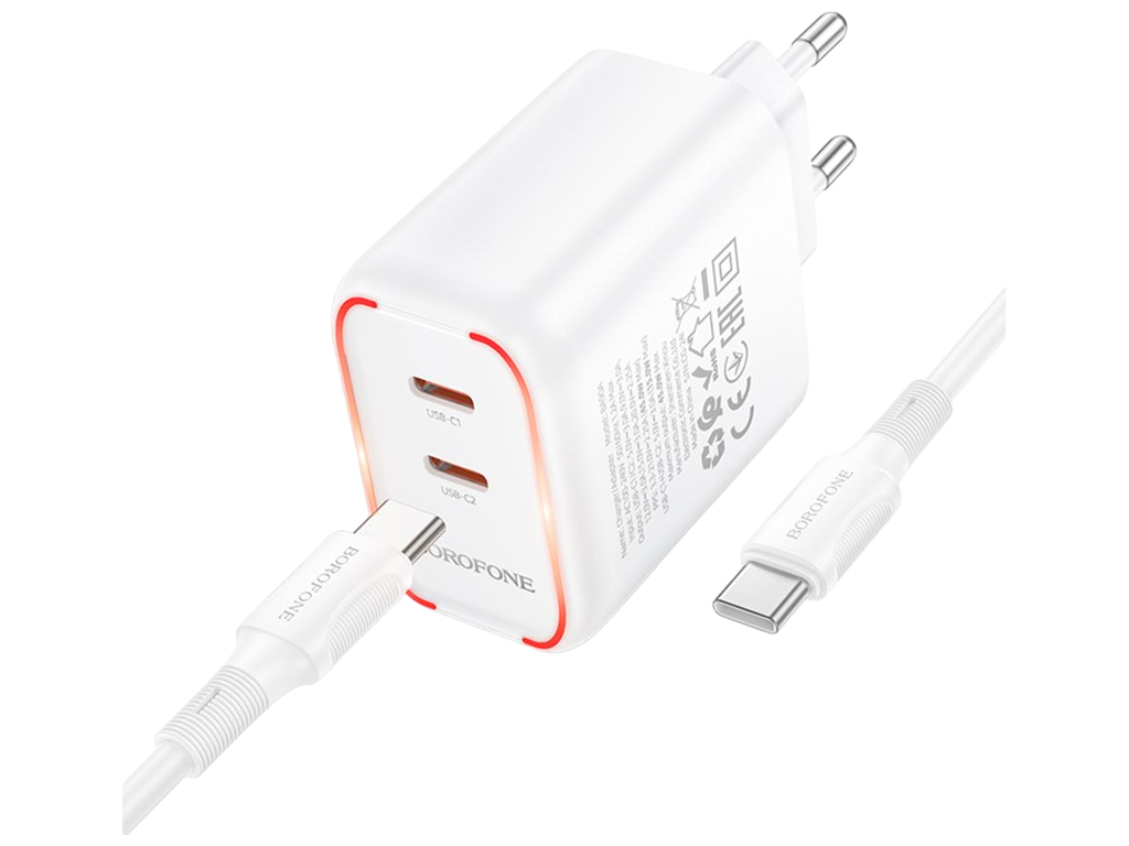 Зарядний пристрій Borofone BA90A 2USB-C PD/QC 45W + Type-C to Type-C, колір білий