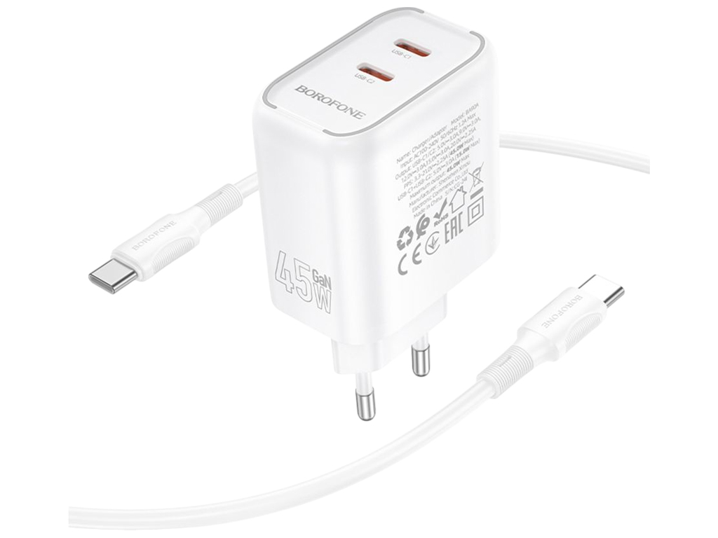 Зарядний пристрій Borofone BA90A 2USB-C PD/QC 45W + Type-C to Type-C, колір білий