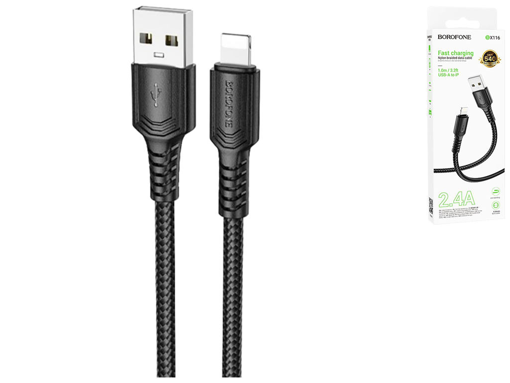 Кабель USB Borofone BX116 Lightning 2.4A, 1м, цвет черный