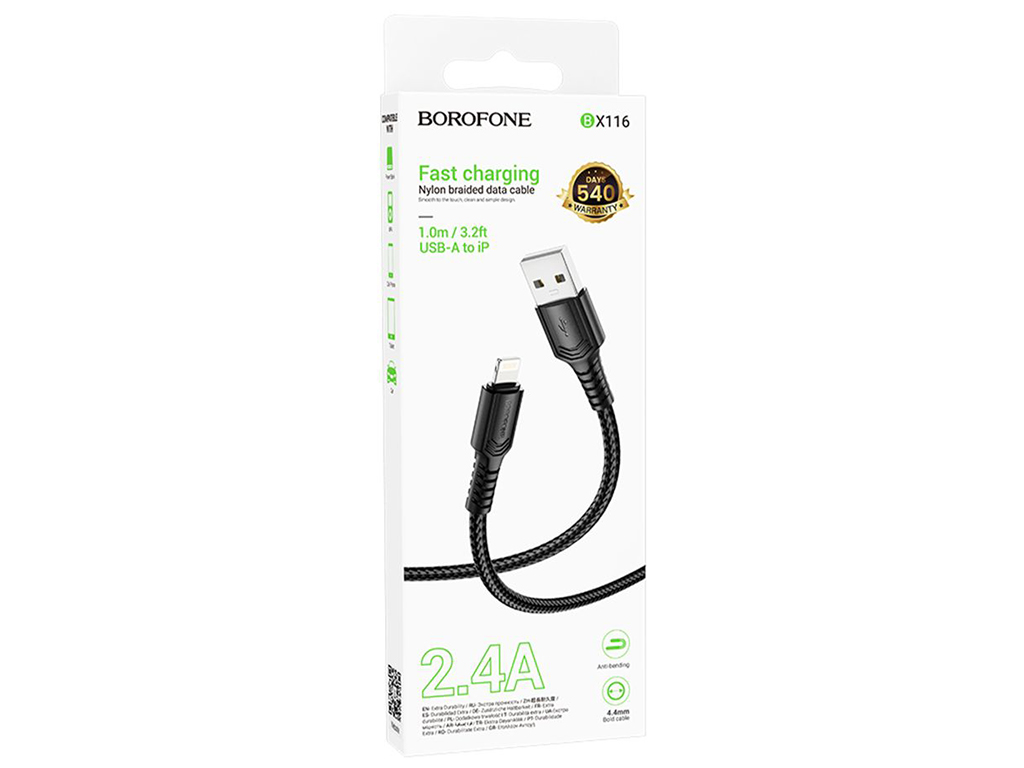 Кабель USB Borofone BX116 Lightning 2.4A, 1м, цвет черный