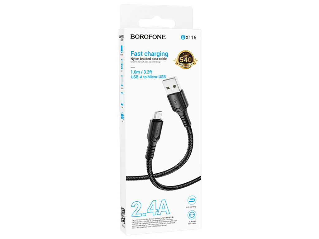 Кабель USB Borofone BX116 Micro 2.4A, 1м, колір чорний