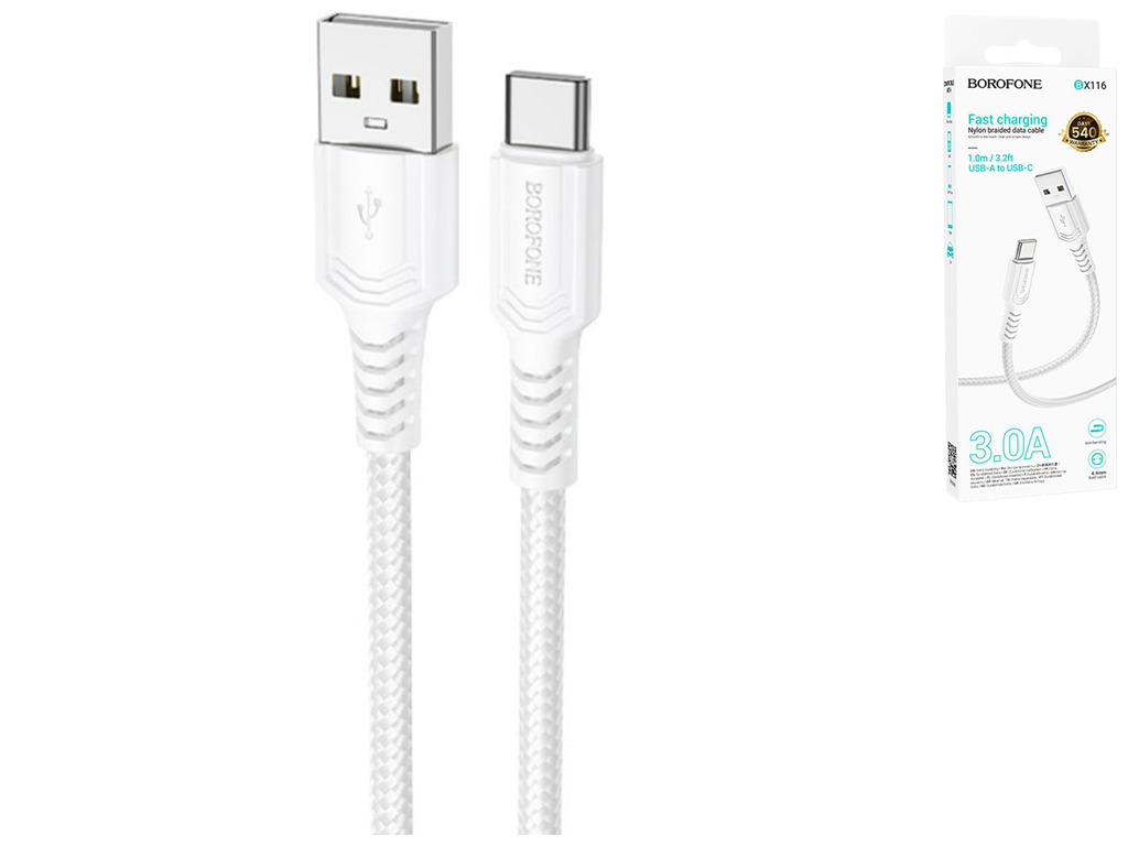 Кабель USB Borofone BX116 Type-C 3A, 1м, колір бiлий