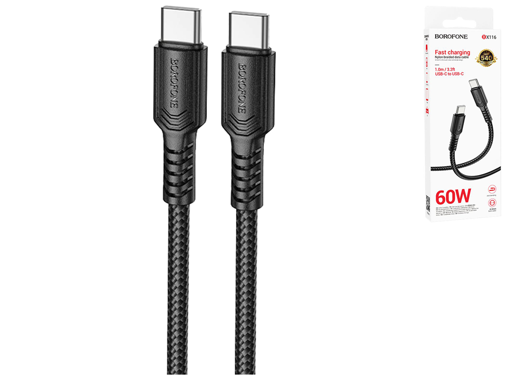 Кабель USB Borofone BX116 Type-C to Type-C 60W, 1м, цвет черный