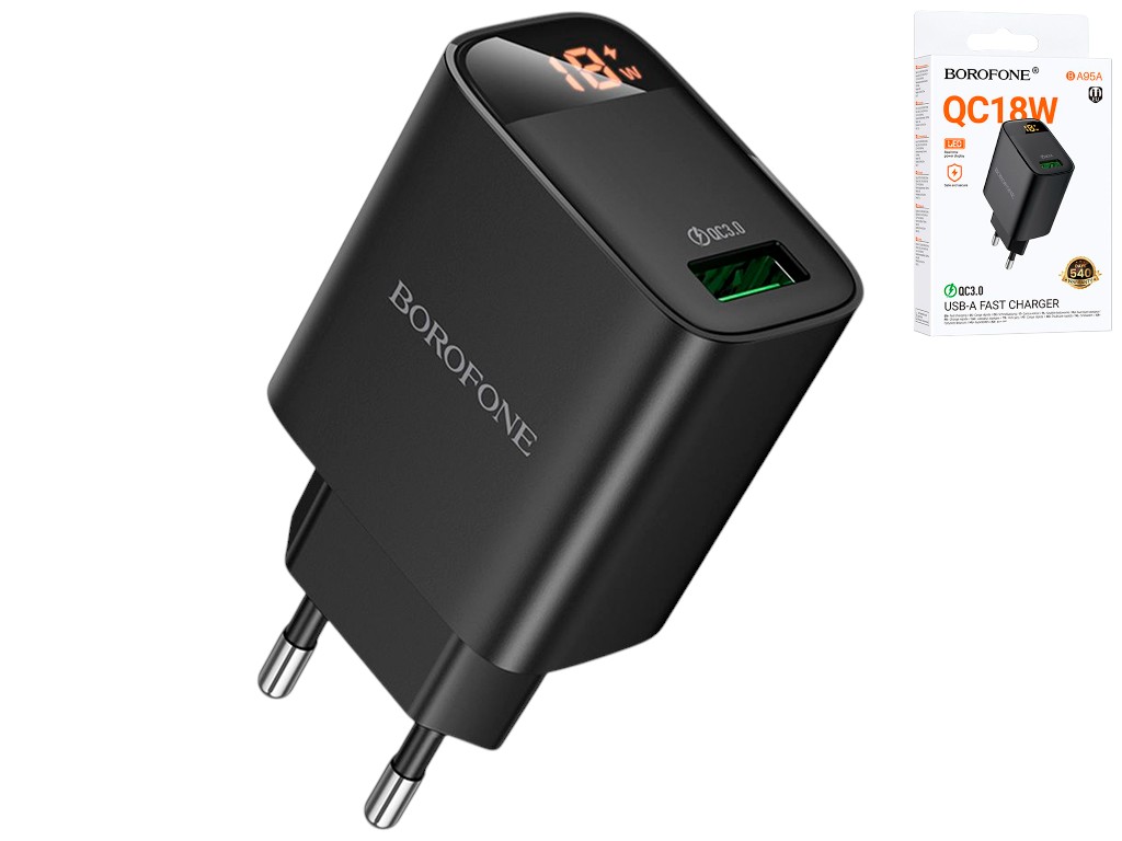 Зарядний пристрій Borofone BA95A 1USB QC 18W Led Display, 83×45×28мм, колір чорний