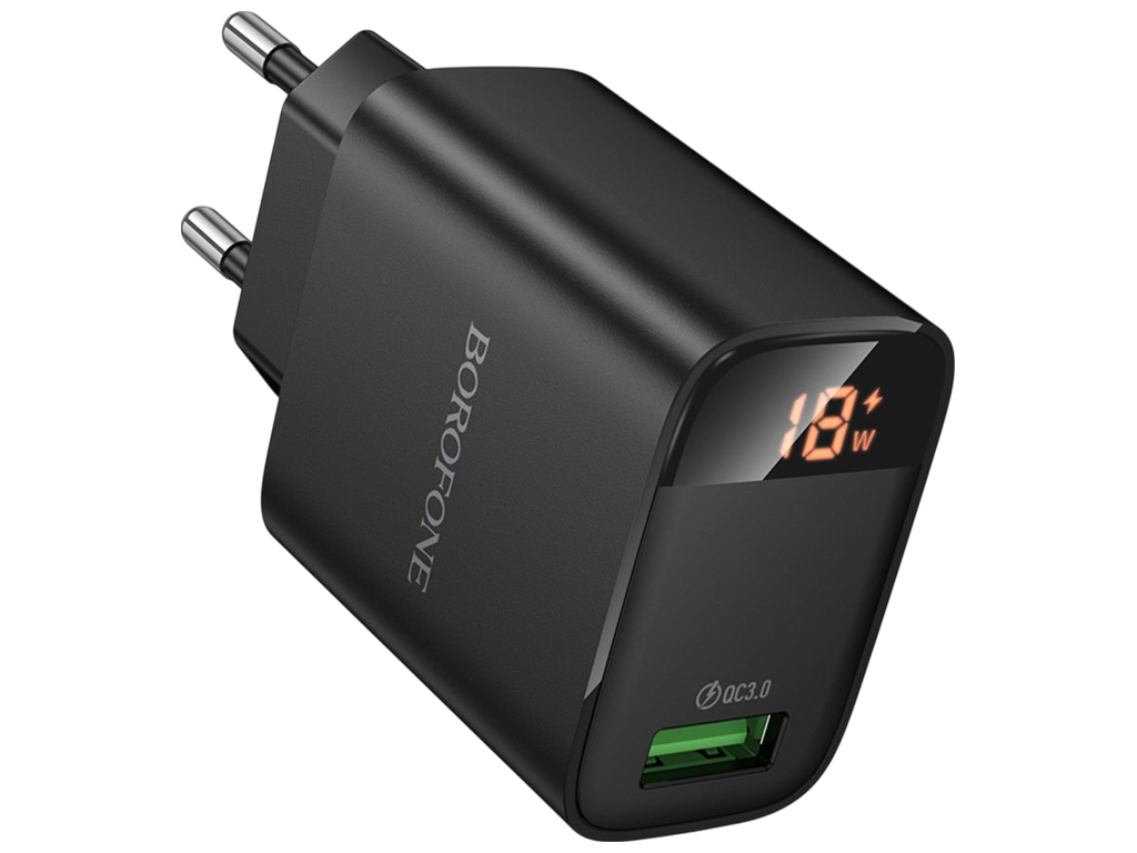 Зарядний пристрій Borofone BA95A 1USB QC 18W Led Display, 83×45×28мм, колір чорний